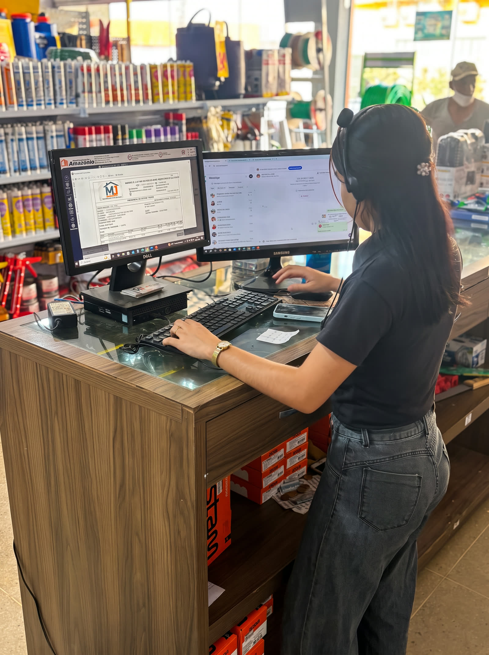 Equipe de vendas atendendo cotações na loja MJ